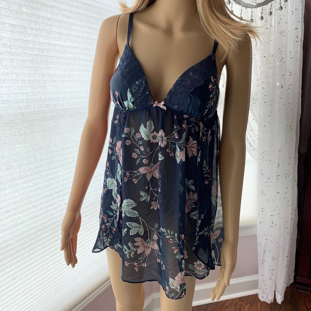 Navy Blue & Pink Floral Neglige & Matching Satin Robe